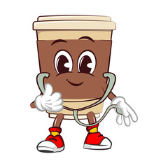 Cute happy coffee paper cup doctor mascot with holding stethoscope. Isolated vector flat cartoon character illustration icon design. Coffee to go, take away concept