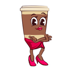 Cute happy coffee paper cup beautiful and sexy woman mascot. Isolated vector flat cartoon character illustration icon design. Coffee to go, take away concept