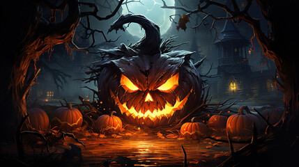 Scary jack o lantern in night scenery. Ai generative