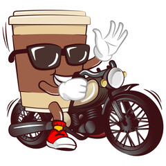 Cute happy coffee paper cup mascot riding a big motorbike while waving. Isolated vector flat cartoon character illustration icon design. Coffee to go, take away concept