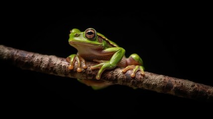 Naklejka premium green frog on a twig on a dark background