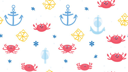 Cute crab with starfish and anchor on white background, vector seamless pattern