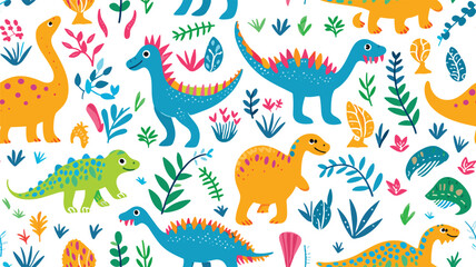 Cute dinosaurs and tropical plants, childrens colorful print on fabric, postcards. Vector seamless pattern on white background