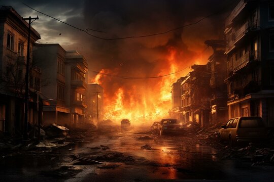 Devastating scene of climate change with a fire hurricane rampaging through urban streets. Generative AI
