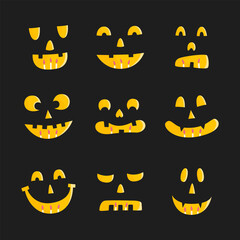 Flat vector cartoon Halloween set of funny scary pumpkin or ghost faces. Isolated design on a white background.