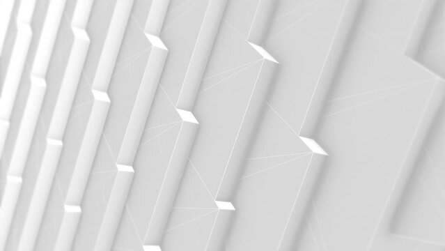 Clean white abstract geometric background with repeating sawtooth pattern, shapes and wireframe lines. Looping, full HD motion background suitable for corporate or technology videos.