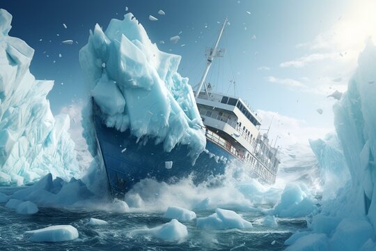 Image of ship crashing into iceberg in ocean. Generative AI