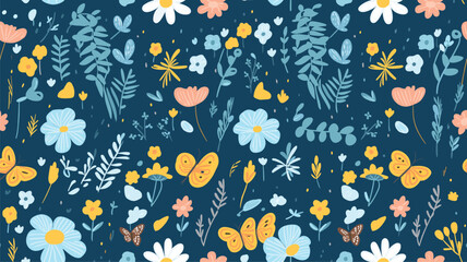 Cute spring vector seamless pattern with sun, butterflies, flowers and other plants on blue background