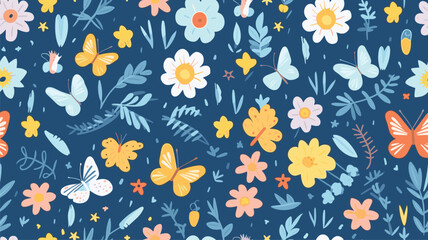 Cute spring vector seamless pattern with sun, butterflies, flowers and other plants on blue background