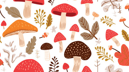 Different mushrooms with leaves and berries on white background, vector seamless pattern