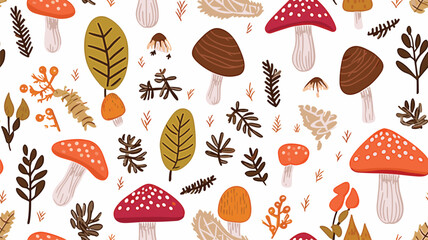 Different mushrooms with leaves and berries on white background, vector seamless pattern