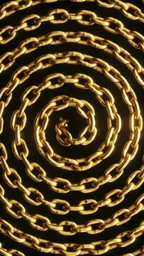 cycled 3d vertical video, abstract black background with spiral golden chain, shiny metallic texture, fashion intro