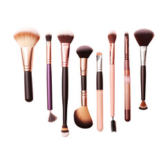 Makeup products and brushes on a transparent background viewed from above Empty area