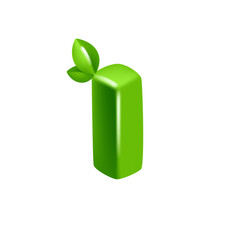 Letter I logo 3D render in cartoon cubic style with green leaves. Eco-friendly vector illustration. Impossible isometric shapes. Perfect for nature banner, healthy food labels, garden, and grass adv.