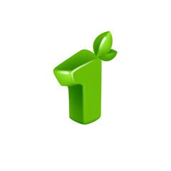 1 logo. Number one in 3D cartoon cubic style with green leaves. Eco-friendly vector illustration. Impossible isometric shapes. Perfect for nature banner, healthy food labels, garden, and grass adv.