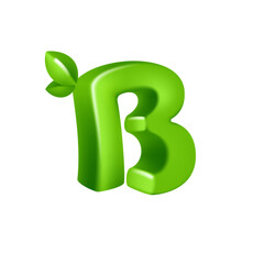 Letter B logo 3D render in cartoon cubic style with green leaves. Eco-friendly vector illustration. Impossible isometric shapes. Perfect for nature banner, healthy food labels, garden, and grass adv.