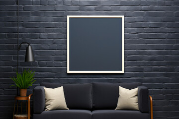 Interior of modern living room with sofa, lamp and blackboard. Mock up
