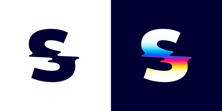 S letter logo with color glitch. Neon double exposure style. Multicolor gradient sign with hologram and illusion effect. Glowing color shift vector icon for nightlife labels, game screens, vibrant adv