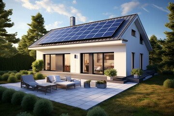Fototapeta na wymiar Solar panel on a modern single-family house - 3D visualization. Generative AI