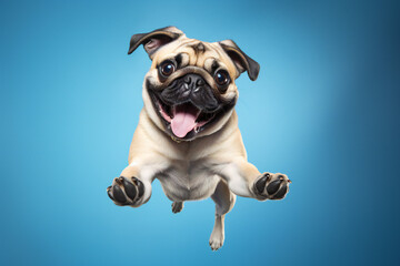 Pug dog jumping on blue background