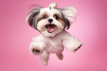 Shih-Tzu dog jumping on pink background