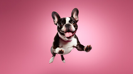 French Bulldog jumping on pink background