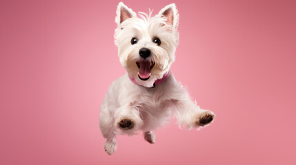 West Highland White Terrier dog jumping on pink background