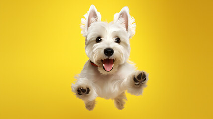 West Highland White Terrier dog jumping on yellow background
