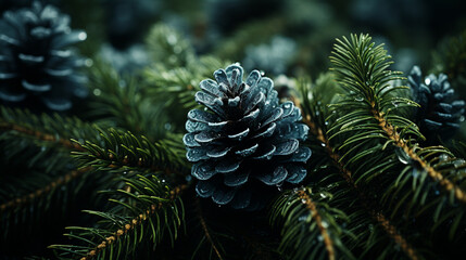 close up of pine needles and cones,  christmas background photo	