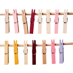 Wooden clothespins hanging on a wire against a transparent background