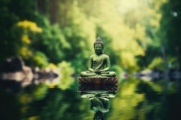 A statue of Buddha sits on a lotus flower in a peaceful forest setting with a reflective pond.