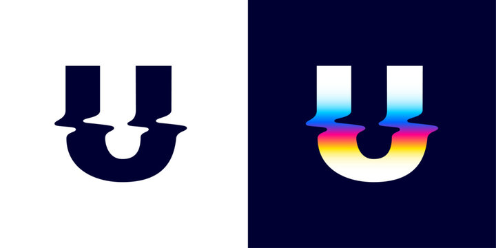 U letter logo with color glitch. Neon double exposure style. Multicolor gradient sign with hologram and illusion effect. Glowing color shift vector icon for nightlife labels, game screens, vibrant adv