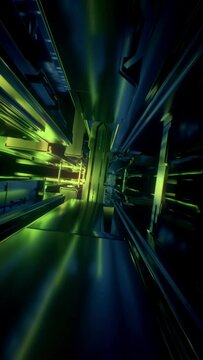 3d vertical video, abstract urban virtual reality tunnel. Futuristic motion graphic. Green and blue neon light glow. Camera shake. Drone fast flying forward. Loop at 2K resolution.