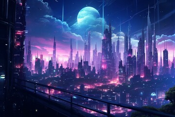An illuminated nighttime cityscape with a futuristic cyberpunk aesthetic. Generative AI