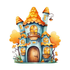 Fantasy castle. Halloween spooky house. Watercolor illustration created with Generative Ai technology