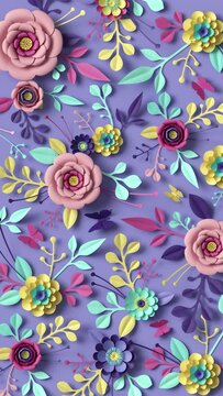 3d rendering, vertical video of frowing floral background, turning paper flowers, botanical pattern, papercraft, candy pastel colors, bright hue palette
