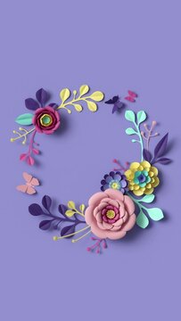 3d vertical video, growing papercraft floral wreath, botanical background, paper flowers, round frame, blank greeting card, candy pastel colors, bright hue palette, 4k animation