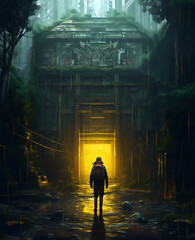 Person  in the dark forest near a building with yellow lights