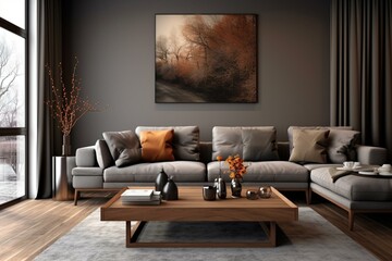Contemporary living room with gray walls, wooden floor, brown sofa, cushions, coffee table. Generative AI