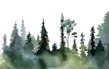 Watercolor foggy forest landscape illustration. Wild nature in wintertime.  Abstract graphic isolated on transparent background © Nataliya Kunitsyna