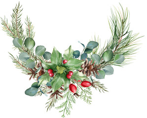 Watercolor winter greenery wreath illustration, transparent background. Christmas border, round frame, holiday card template. Hand painted pine tree branches, holly, red berries, eucalyptus leaves  © Nataliya Kunitsyna