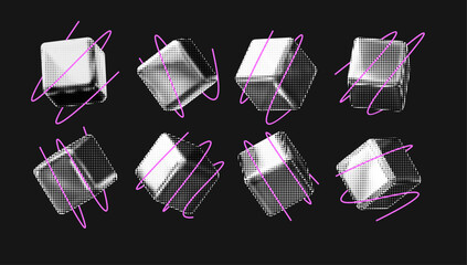 3D cube in halftone style. Modern geometric background. Vector creative illustration.