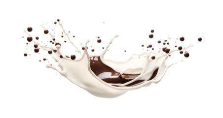 A splash of chocolate on a white surface. Chocolate and milk splashes on a transparent background.