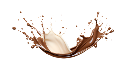 A splash of chocolate on a white surface. Chocolate and milk splashes on a transparent background.