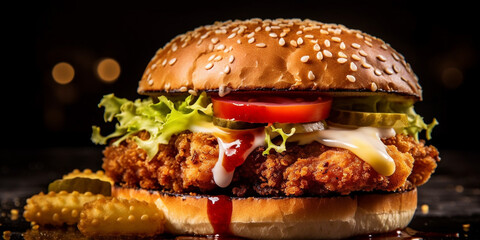 Crispy breaded chicken burger with cheddar cheese on dark background. AI Generative