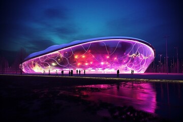 Neon-style soccer facility of the future. Generative AI