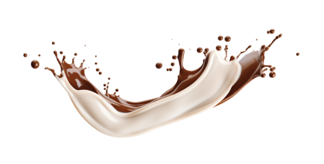 A splash of chocolate on a white surface. Chocolate and milk splashes on a transparent background.