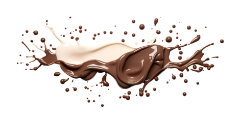 A splash of chocolate on a white surface. Chocolate and milk splashes on a transparent background.