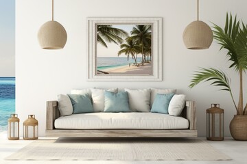 Frame in coastal boho living room background, 3d render. Generative AI