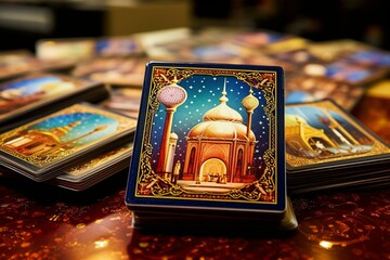 Religious events illustrated in mosque adornments seen on cards. Generative AI